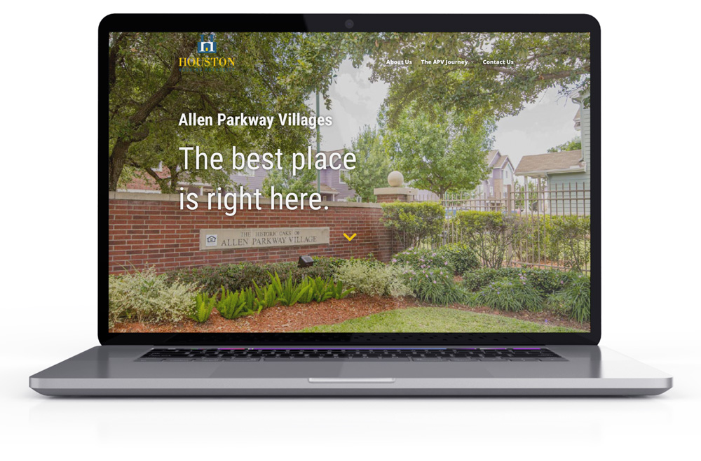Homepage of Allen Parkway Village website on laptop